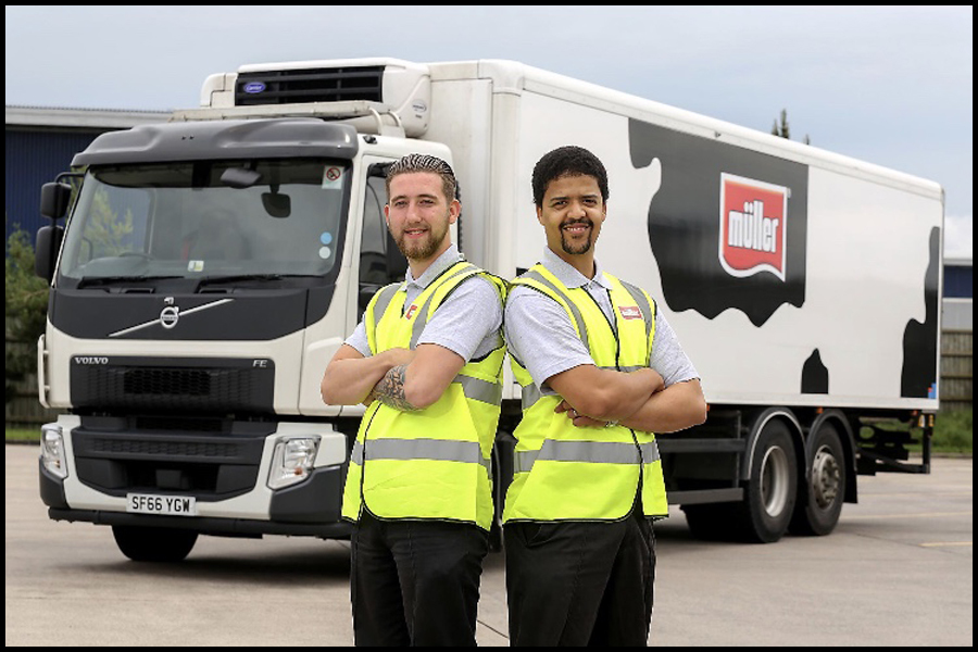 Two new apprentice drivers pictured at the Muller distribution Centre in Bristol.