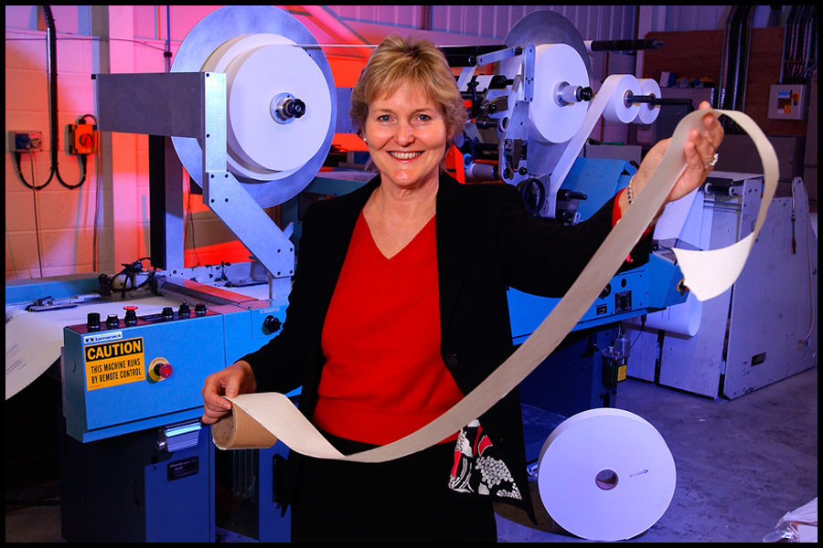 Portrait of Terrye Jones (Managing Director) of KCS Trade Print Ltd, Launceston, Cornwall. CLIENT: Cornwall County Council