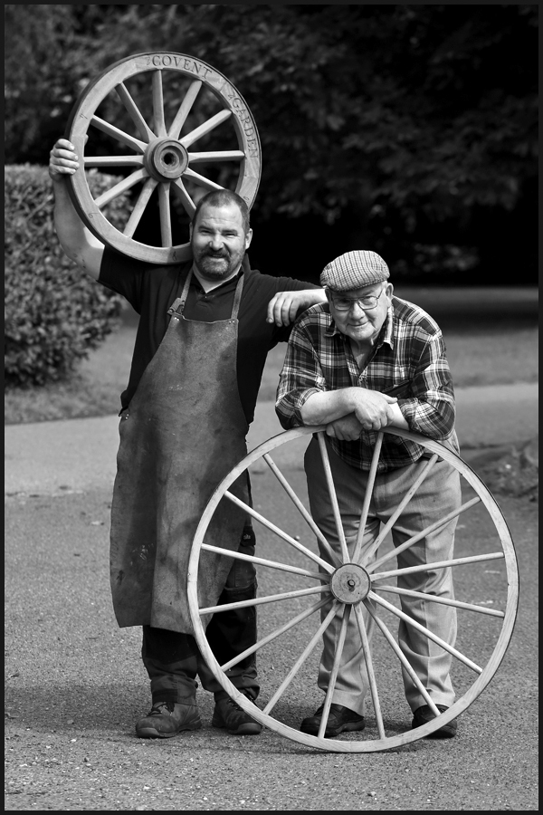 Mike & Greg Rowland, part of the family team at Mike Rowland & Son Wheelwrights & Coachbuilders based in Colyton, Devon. The firm have over 80 years experience in the trade and produce the highest quality wooden wheels and horse drawn vehicles.