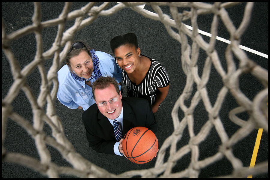 Cllr Rob Hannaford, Crystal Carter & Barbara Farrell open the new basketball court at Heavitree Pleasure Ground, Exeter. CLIENT: Exeter City Council.