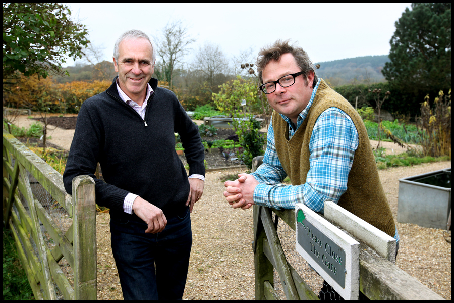 Patrick Holden CBE (Founding Director- Sustainable Food Trust) and Hugh Fearnly-Whittingstall (Chef), at River Cottage HQ in Axminster, Devon: Picture commishioned and published by The Independent Magazine.