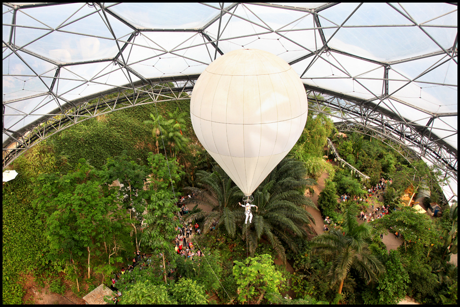 TV daredevil Ben Fogle flies the Olympic Flame above the canopy of the world’s biggest indoor rainforest at the Eden Project in Cornwall on the first day of the national Olympic Torch Relay. CLIENT: The Eden Project