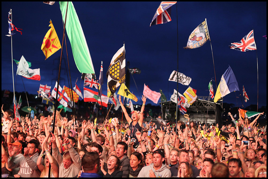 The crowd are estatatic while watching Mumford and Sons headline the Pyramid Stage at the 2015 Glastonbury Festival.