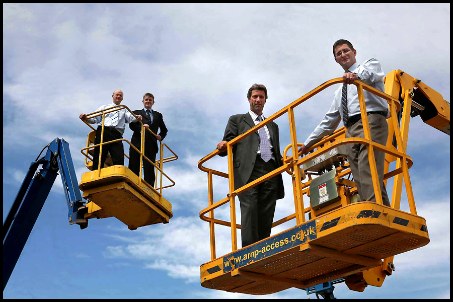  Andy Pearson of AMP Access, Peter Bowler of Foot Anstey, Nigel Fry of Milsted Langdon and Mike Boyle of AMP Access celebrate the sale of AMP Access to Lavendon Group PLC. CLIENT: Foot Anstey Solicitors.