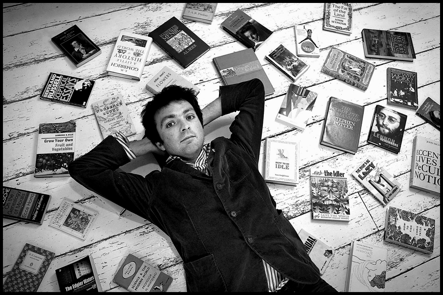 Tom Hodgkinson, Editor of "The Idler" magazine, relaxing at home in Moretenhoe, Devon
