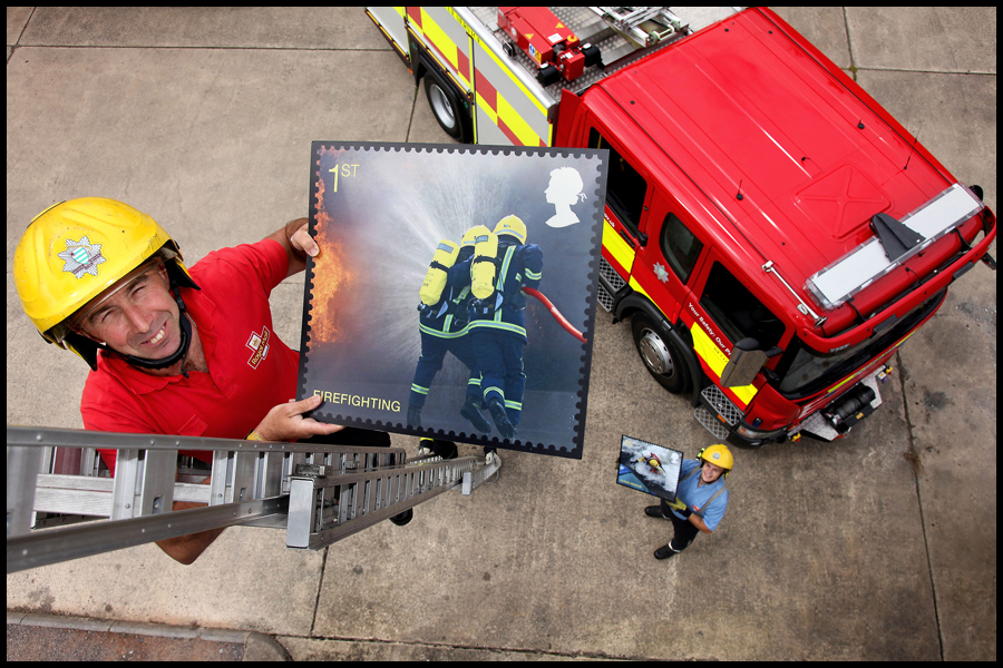 Rick Lavens (left) and Luke Williams help launch the new set of Firefighters stamps at Devizes Fire Station. CLIENT: Royal Mail